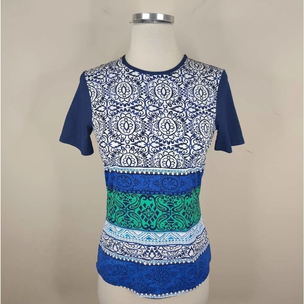 Lands' End Rash Guard Top UPF Floral Crewneck Short‎ Sleeve